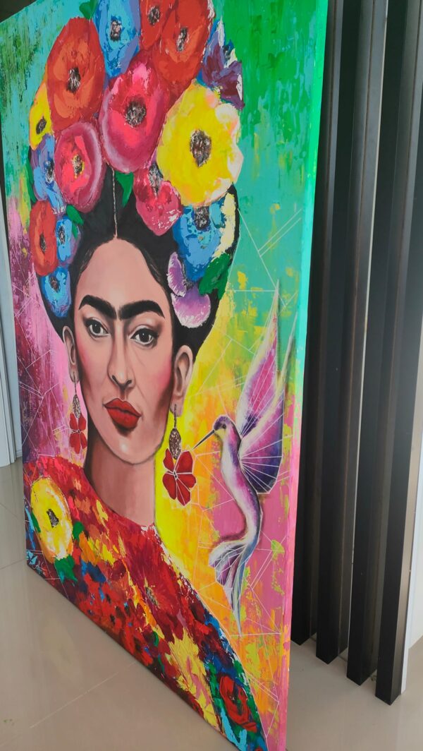 Frida i koliber 100cm x 150cm obraz strukturalny, malowany ręcznie akryle + pasta na płótnie - obrazek 11