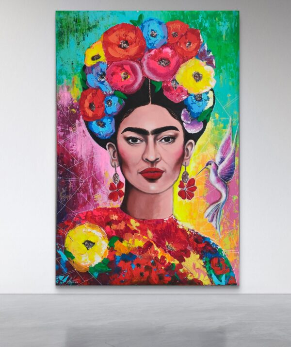 Frida i koliber 100cm x 150cm obraz strukturalny, malowany ręcznie akryle + pasta na płótnie