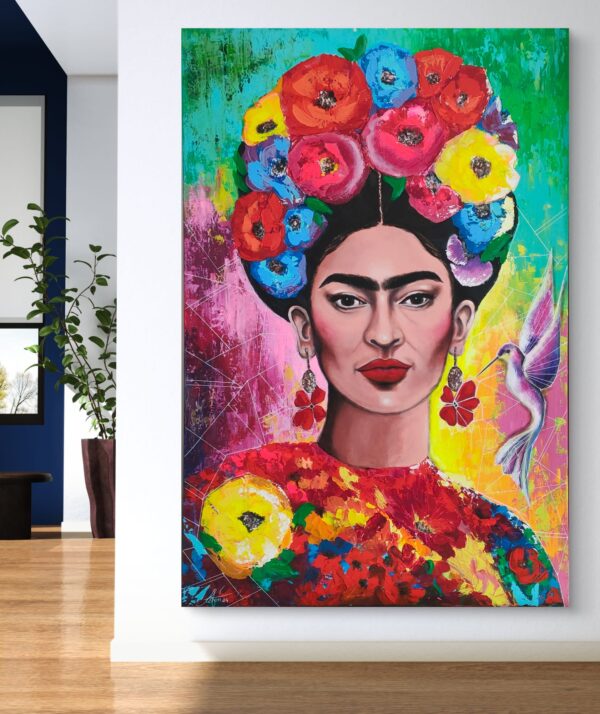 Frida i koliber 100cm x 150cm obraz strukturalny, malowany ręcznie akryle + pasta na płótnie - obrazek 5