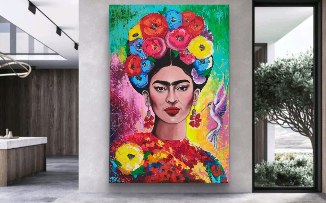 Frida i koliber 100cm x 150cm ORYGINAŁ obraz strukturalny, malowany ręcznie akryle + pasta na płótnie