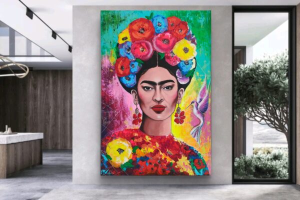 Frida i koliber 100cm x 150cm obraz strukturalny, malowany ręcznie akryle + pasta na płótnie - obrazek 4