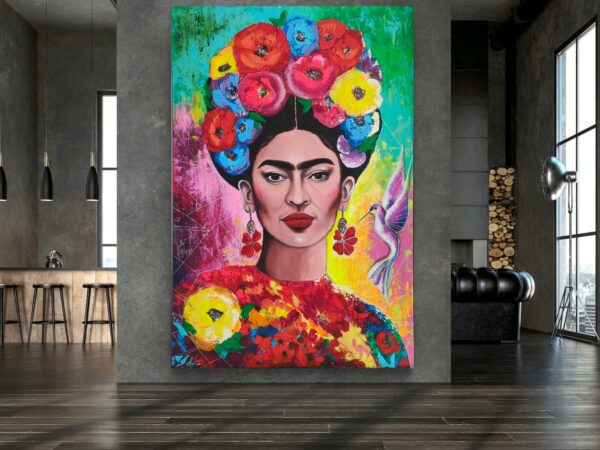 Frida i koliber 100cm x 150cm obraz strukturalny, malowany ręcznie akryle + pasta na płótnie - obrazek 3