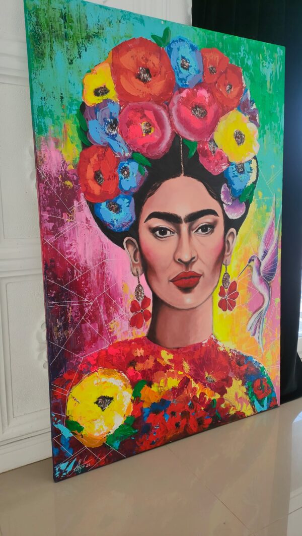 Frida i koliber 100cm x 150cm obraz strukturalny, malowany ręcznie akryle + pasta na płótnie - obrazek 12