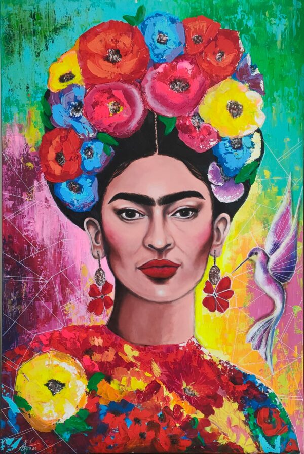 Frida i koliber 100cm x 150cm obraz strukturalny, malowany ręcznie akryle + pasta na płótnie - obrazek 13