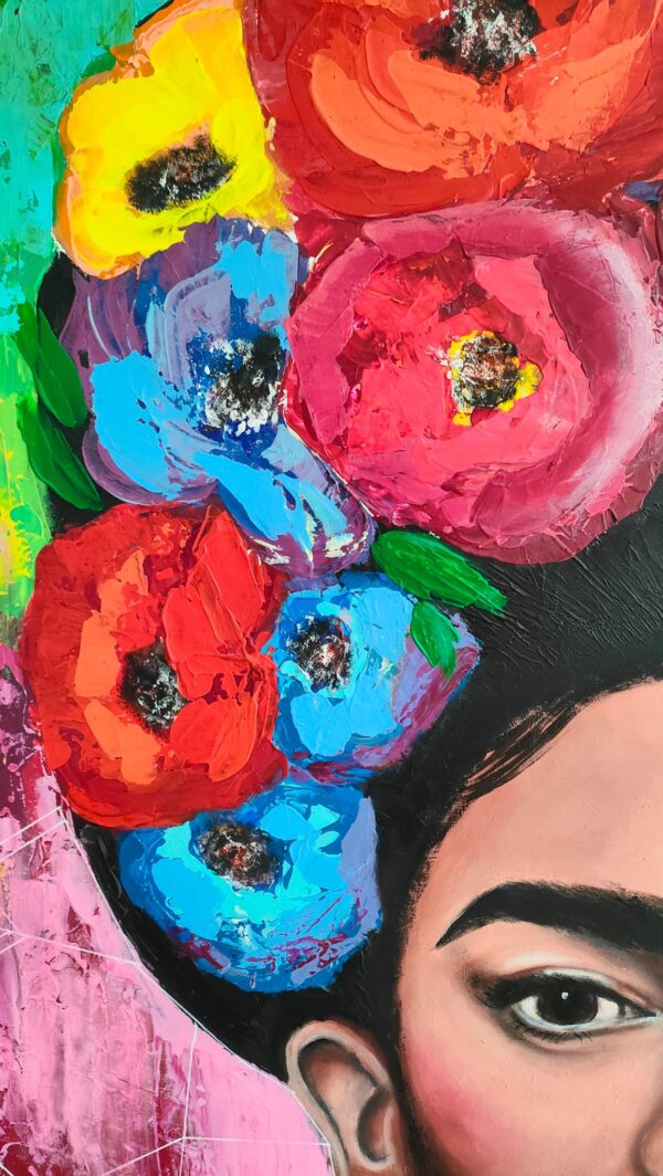 Frida i koliber 100cm x 150cm obraz strukturalny, malowany ręcznie akryle + pasta na płótnie - obrazek 14