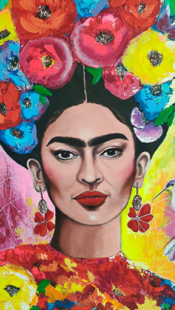 Frida i koliber 100cm x 150cm obraz strukturalny, malowany ręcznie akryle + pasta na płótnie - obrazek 9