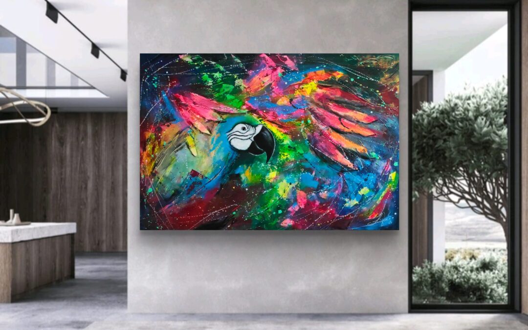 Parrot in Paradise 150cm x 100cm ORYGINAŁ obraz strukturalny, malowany ręcznie akryle na płótnie