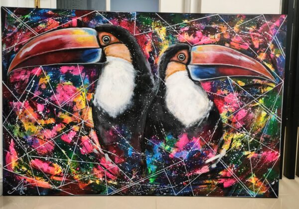 Tukany 150cm x 100cm obraz strukturalny, malowany ręcznie akryle na płótnie - obrazek 4