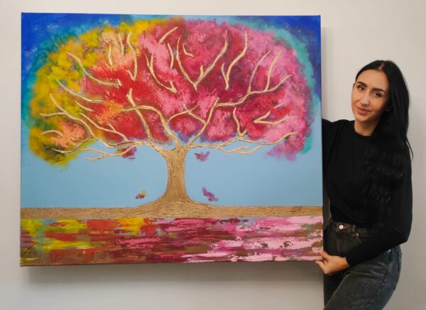 "Árbol de la felicidad" 120cm x 100cm obraz strukturalny rzeźbiony malowany ręcznie akryle na płótnie - obrazek 2