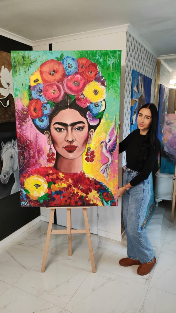 Frida i koliber 100cm x 150cm obraz strukturalny, malowany ręcznie akryle + pasta na płótnie - obrazek 2