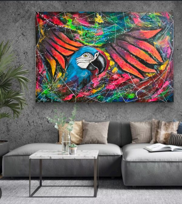 Fantastic Parrot 150cm x 100cm obraz strukturalny, malowany ręcznie akryle na płótnie - obrazek 10