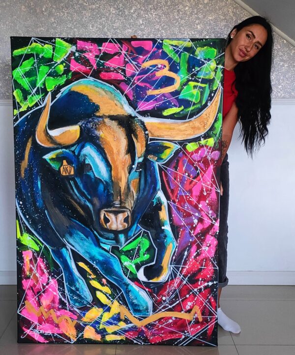 Mr Bull 100cm x 150cm obraz strukturalny, malowany ręcznie akryle na płótnie - obrazek 2