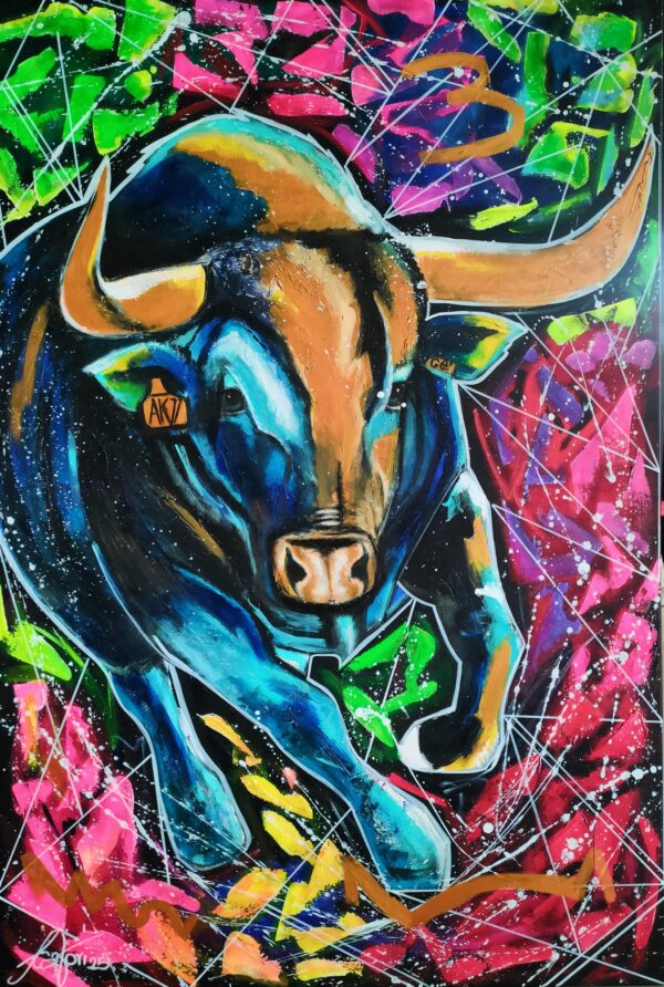 Mr Bull 100cm x 150cm obraz strukturalny, malowany ręcznie akryle na płótnie - obrazek 4